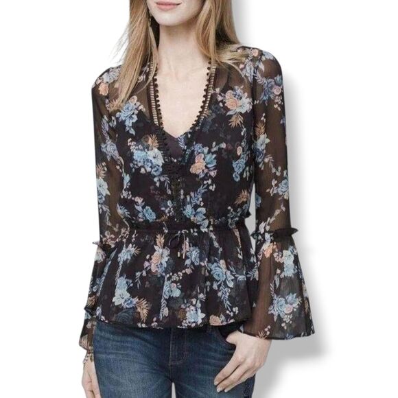 White House Black Market Tops - WHBM Black Floral Sheer Peplum Blouse & Camisole Size M Romantic Bell Sleeve